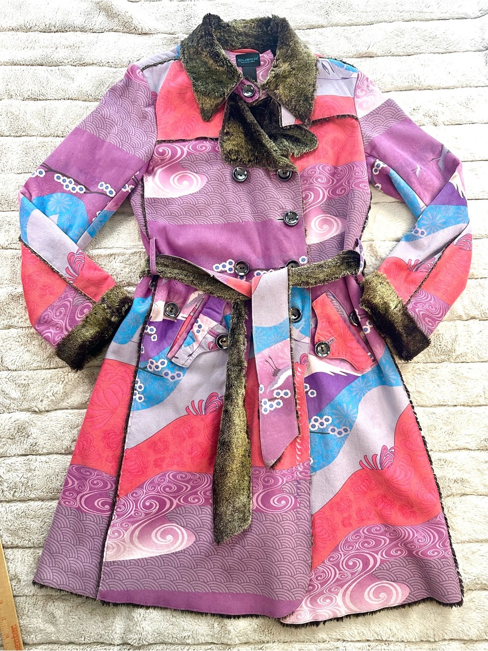 Vintage Custo Barcelona Patchwork Faux Fur Trim Trench Coat Japanese Art Print